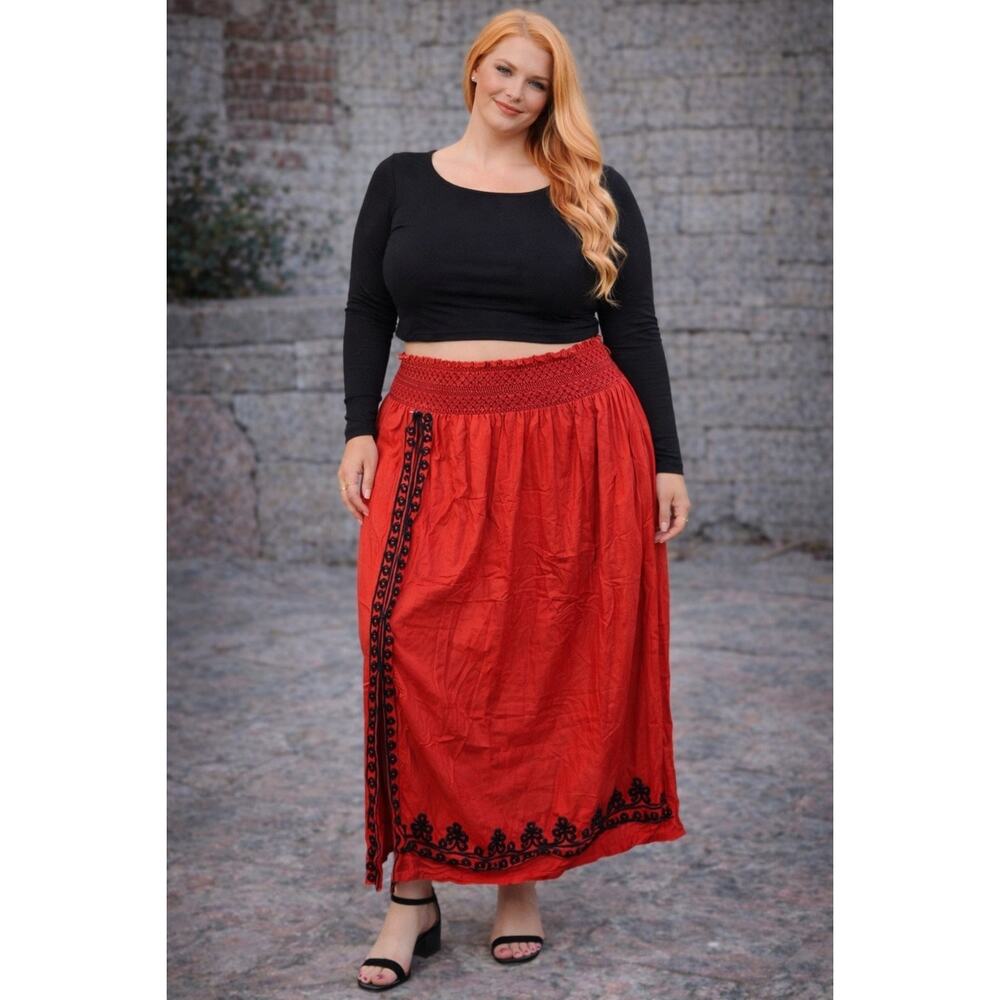 Magic Boho Red Vampy Whimsygoth Floral Bohemian Hippie Maxi Skirt 2x Plus